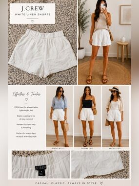 J. Crew White Elastic Waist Linen-Blend Shorts
